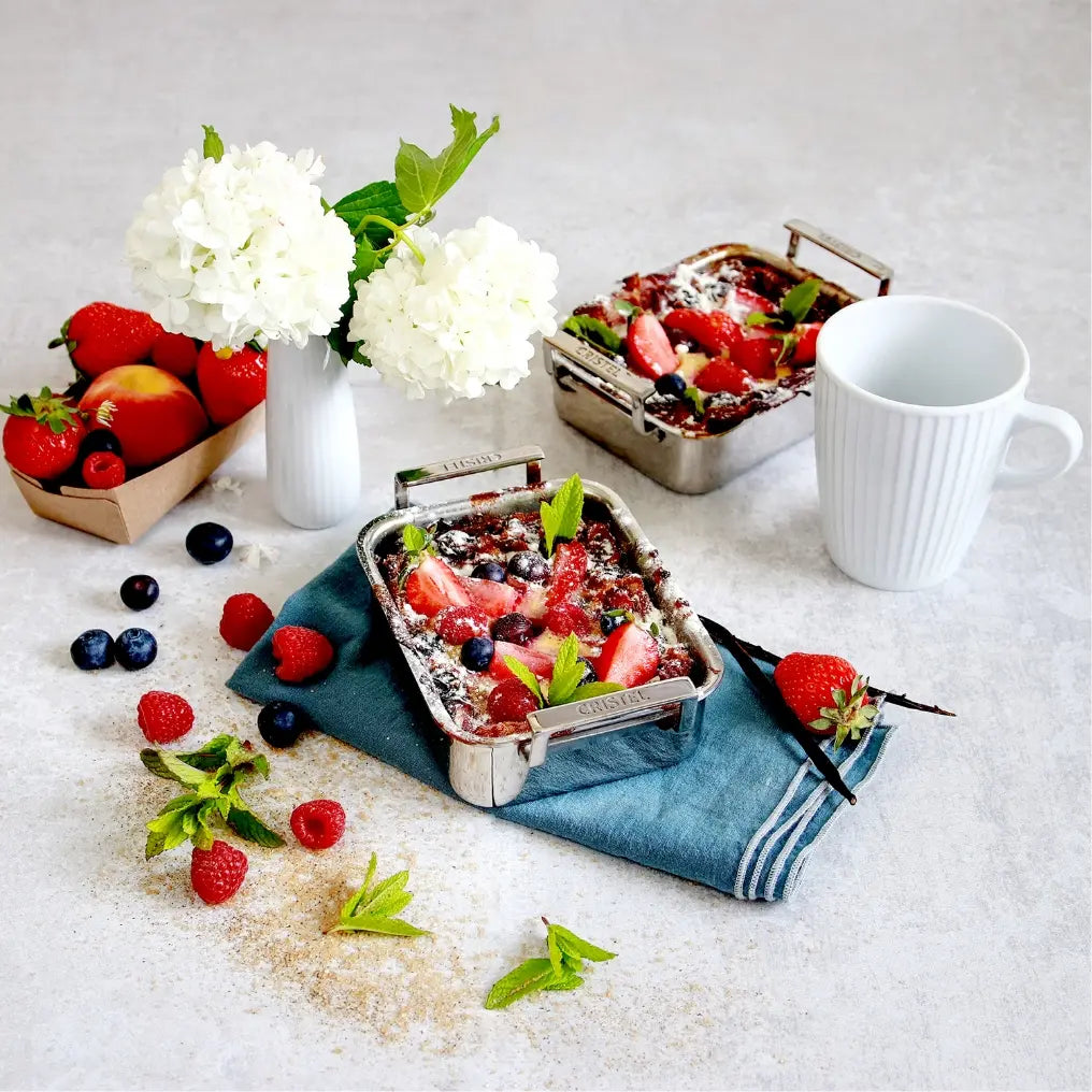 Mini Roaster stainless steel roasting pans by CRISTEL USA, two pans with berry dessert and mint on Tampa Home & Garden Store