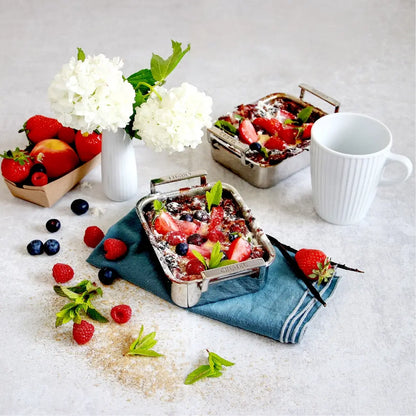 Mini Roaster stainless steel roasting pans by CRISTEL USA, two pans with berry dessert and mint on Tampa Home & Garden Store
