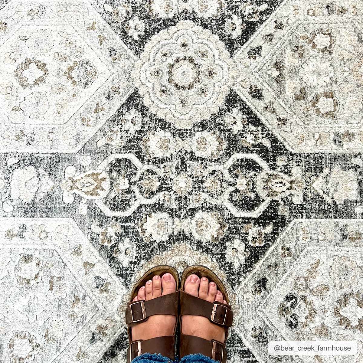 Minoa area rug by Boutique Rugs, distressed gray and cream with floral medallion pattern on Tampa Home & Garden Store