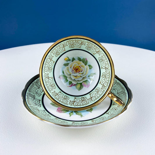 Mint Green Cup and Saucer. Regency English Porcelain. Stunning Hand-Painted White Rose Motif.  Dining Room Decor. Vintage Gift for Tea Lover - Tampa Home & Garden Store