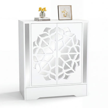 Mirrored Shoe Cabinet 4-Tier Shoe Organizer with Large Drawer-White
