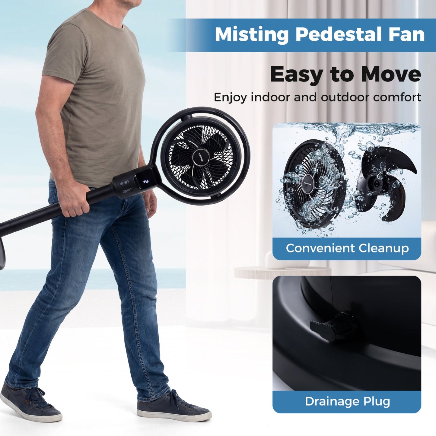 Misting Pedestal Fan 90 Degree Auto Oscillation