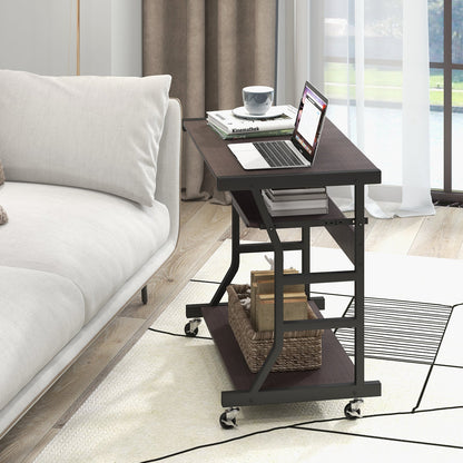 Mobile Computer Desk with Keyboard Tray Mouse Tray and Shelf-Dark Brown