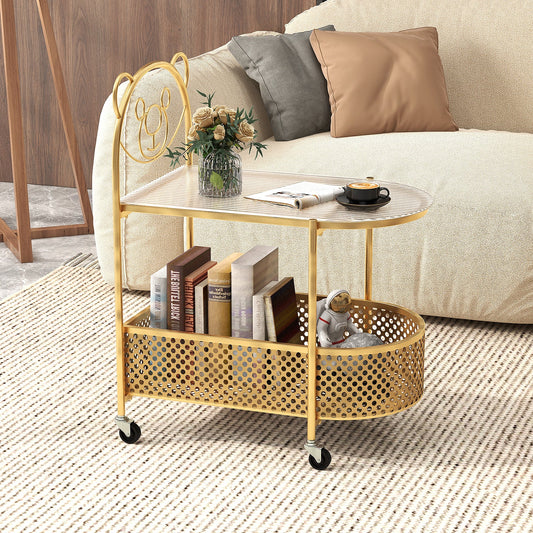 2-Tier Mobile Glass Coffee Table with Bear Pattern-Golden - Tampa Home & Garden Store