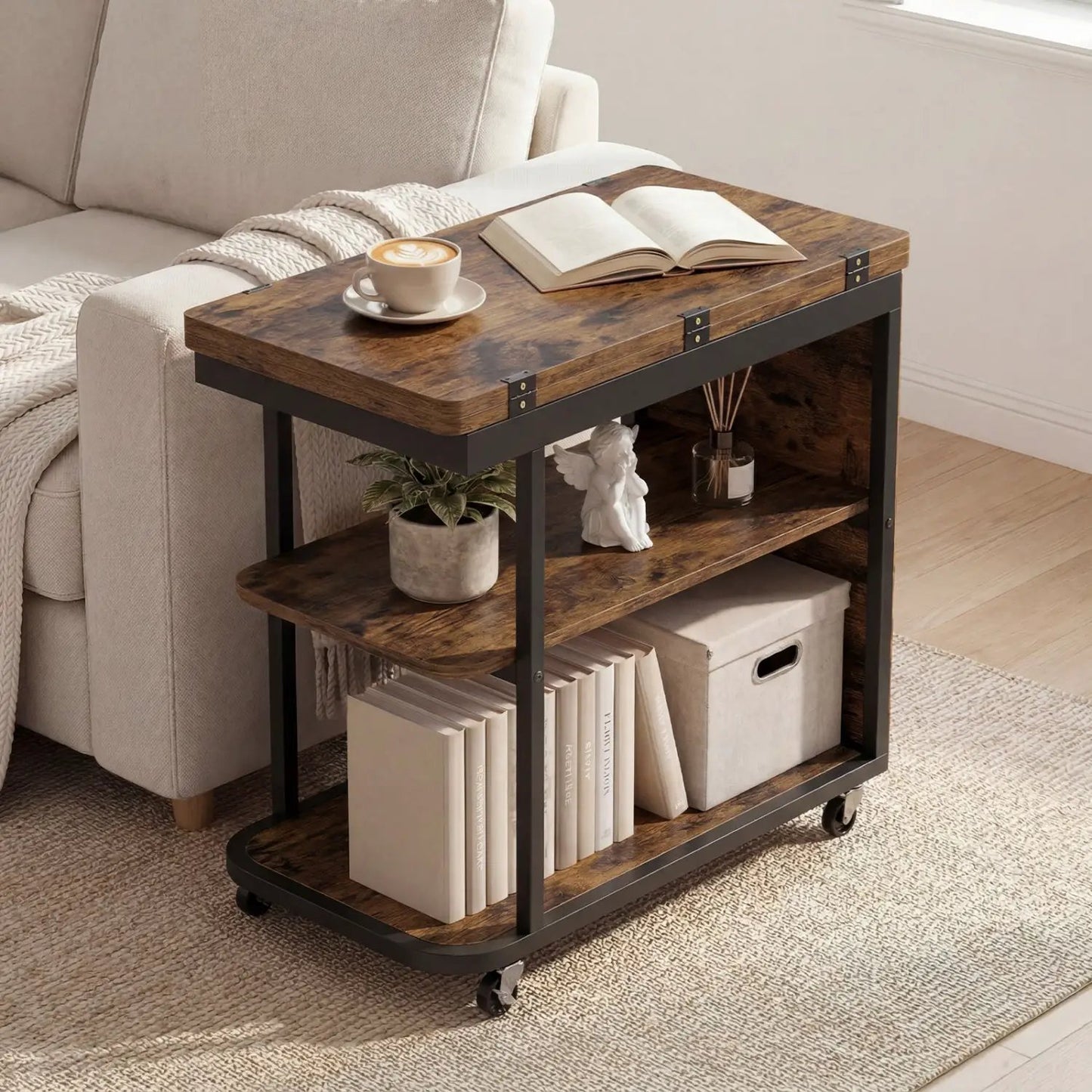 Mobile Side Table with Foldable Swivel Top