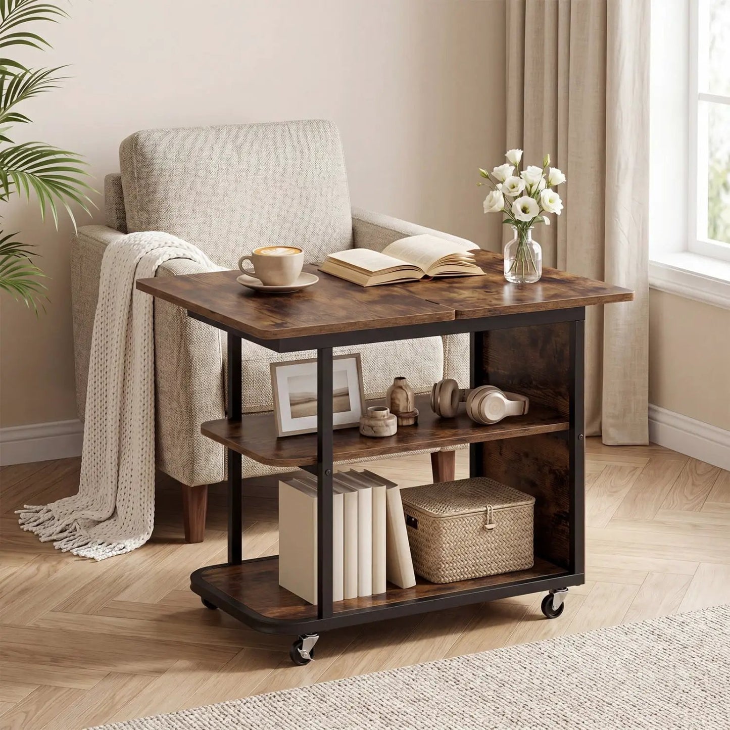 Mobile Side Table with Foldable Swivel Top