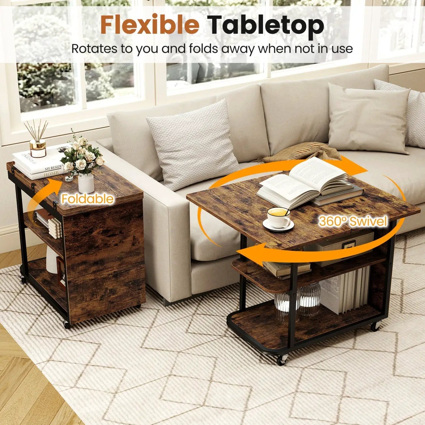 Mobile Side Table with Foldable Swivel Top