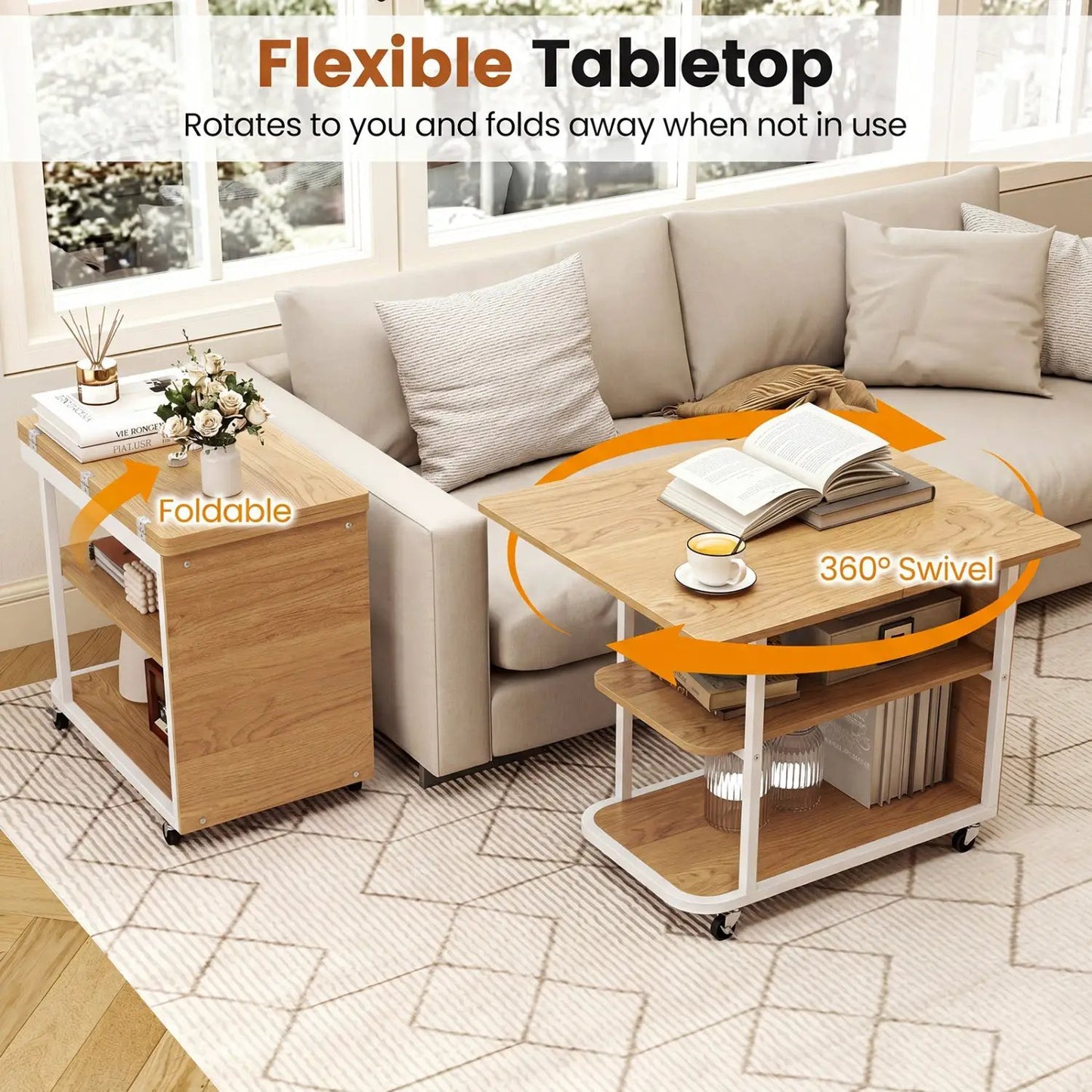 Mobile Side Table with Foldable Swivel Top