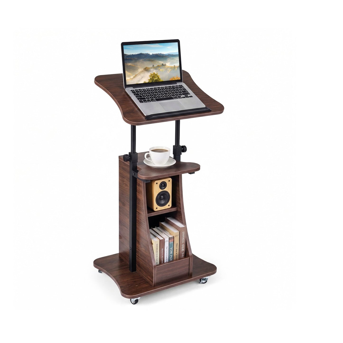 Carro de escritorio para computadora portátil de altura ajustable con almacenamiento, de asiento a pie - Negro