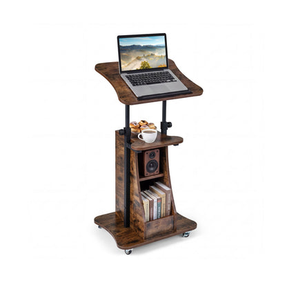 Carro de escritorio para computadora portátil de altura ajustable con almacenamiento, de asiento a pie - Negro