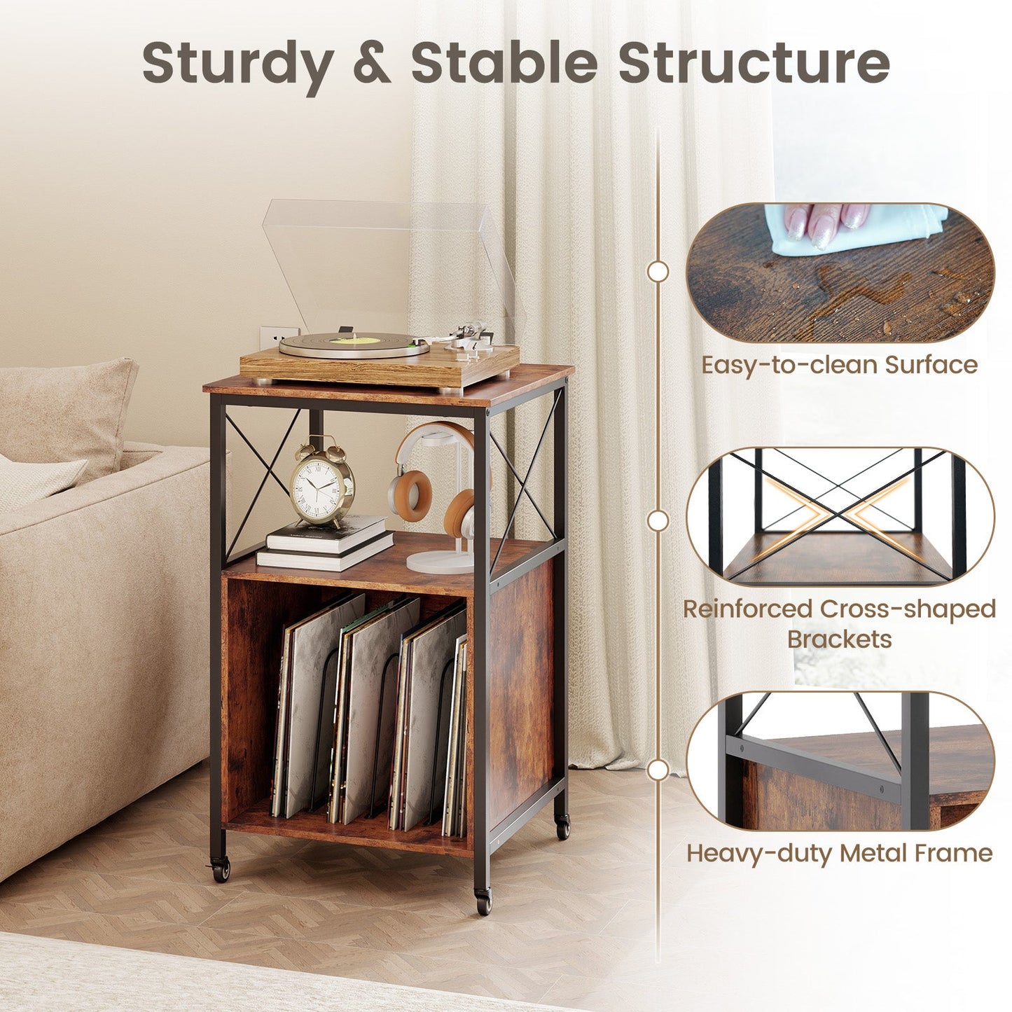 Mobile Record Player Stand with Power Outlet with Open Shelf and Dividers-Rustic Brown
