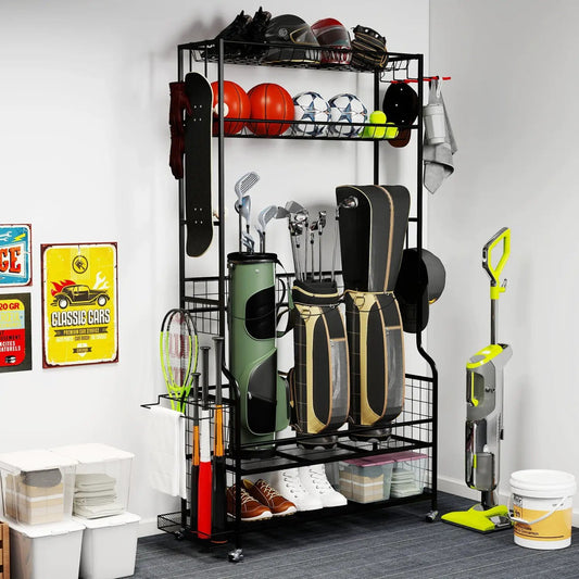 DirectDeals Mobile Sports Organizer with golf bag storage and club rack, black metal frame on Tampa Home & Garden Store