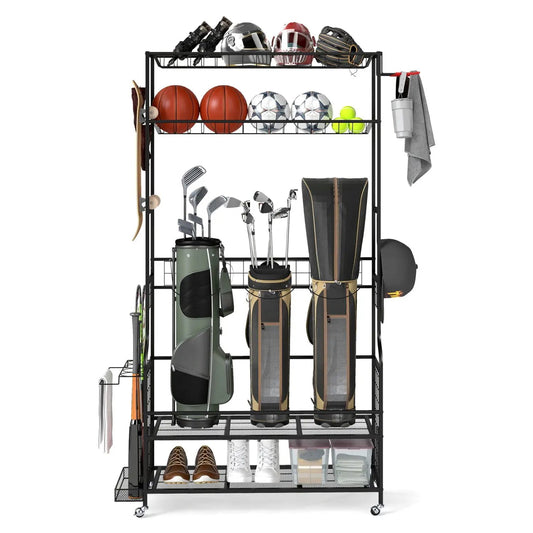 DirectDeals mobile golf bag cart with 3 golf bags and club rack on a black steel frame on Tampa Home & Garden Store
