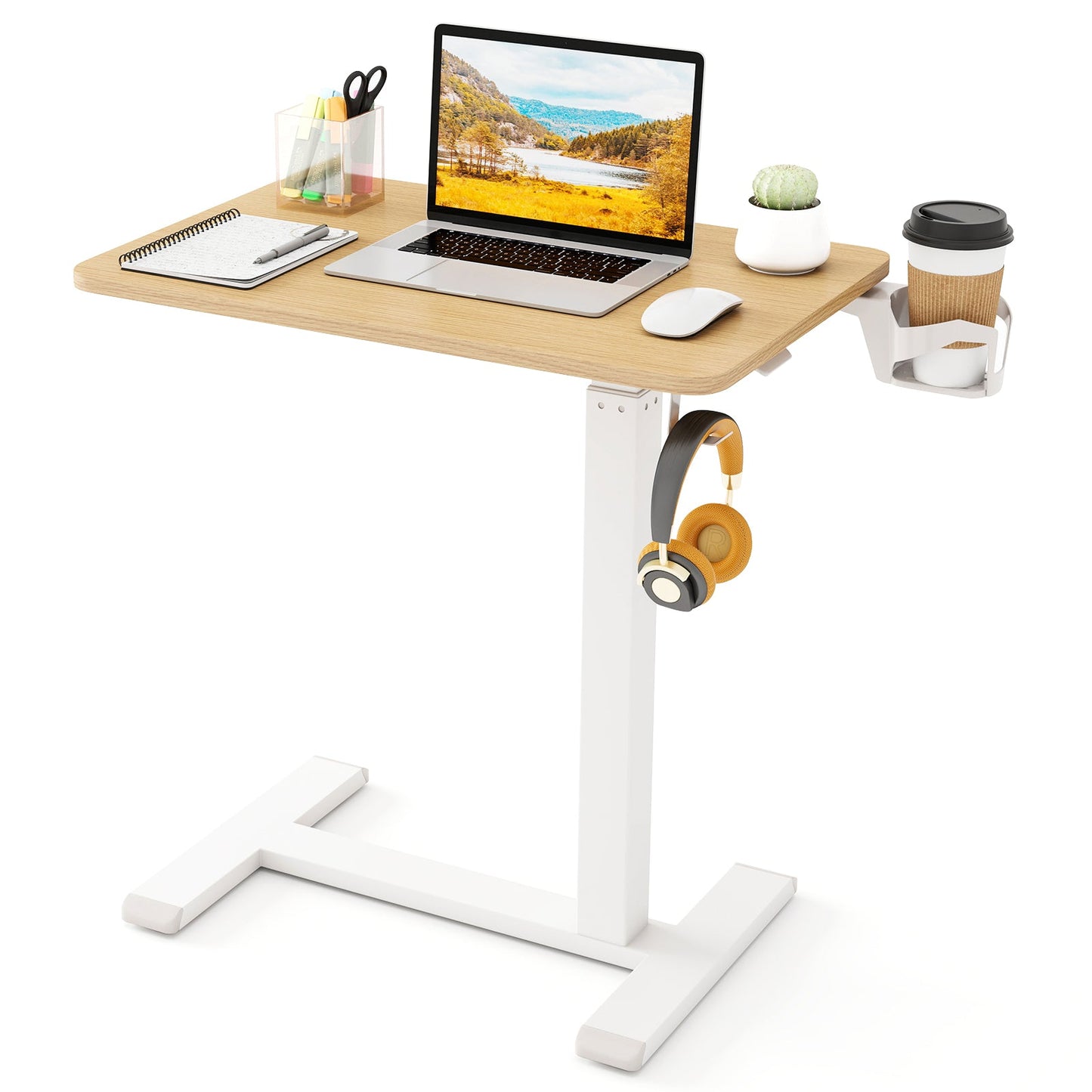 Mobile Standing Desk Height Adjustable Overbed Bedside Table with Cup Holder