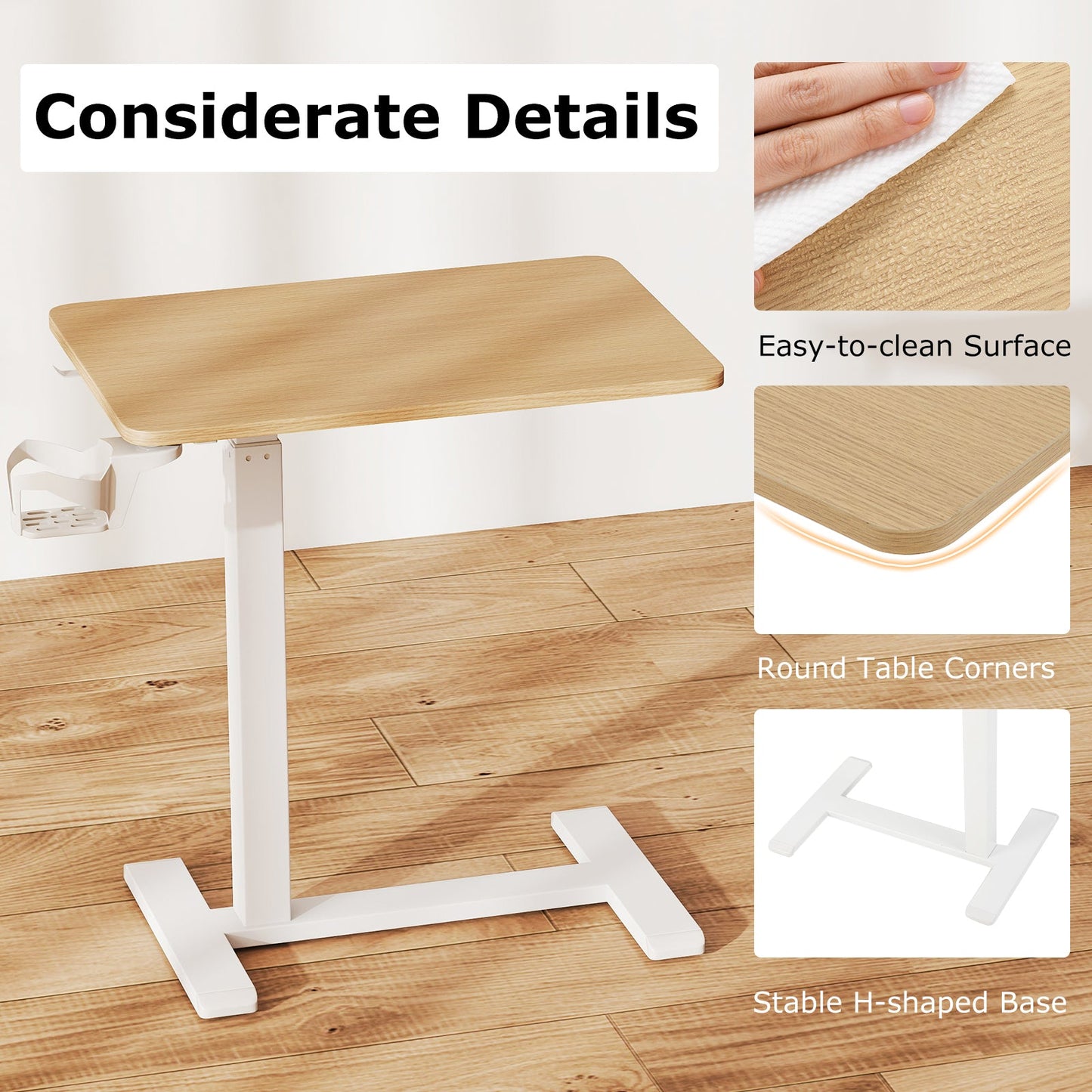 Mobile Standing Desk Height Adjustable Overbed Bedside Table with Cup Holder