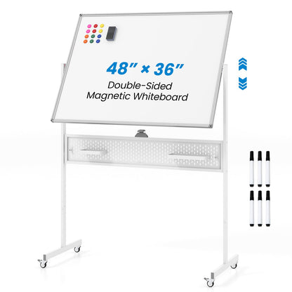 Pizarra Móvil Magnética de Doble Cara Ajustable con Tablero Perforado-Blanco