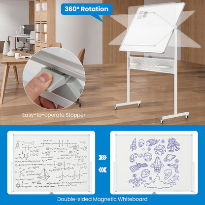 Pizarra Móvil Magnética de Doble Cara Ajustable con Tablero Perforado-Blanco