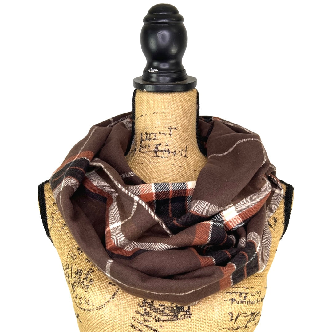 Mocha Spice Plaid - Milk Chocolate Brown, Copper Orange, Black and Cream Plaid Flannel Infinity or Blanket Scarf - Tampa Home & Garden Store