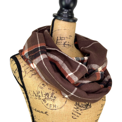 Mocha Spice Plaid - Milk Chocolate Brown, Copper Orange, Black and Cream Plaid Flannel Infinity or Blanket Scarf - Tampa Home & Garden Store