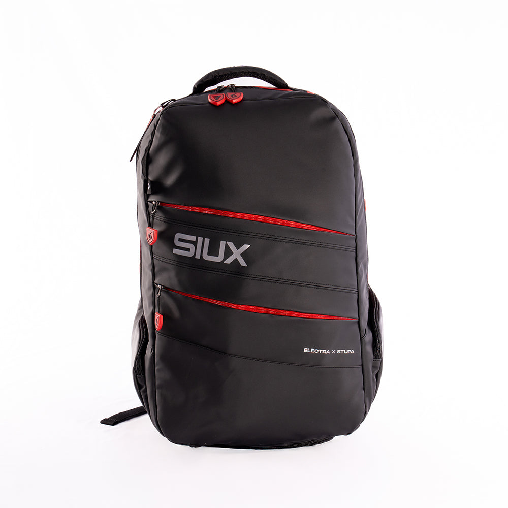 Electra Stupa backpack by Siux USA, black nylon with red zippers and front logo on Tampa Home & Garden Store