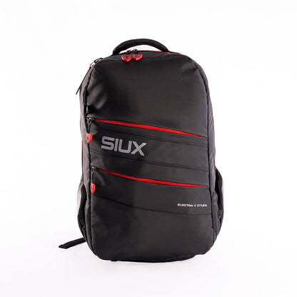 Electra Stupa backpack by Siux USA, black nylon with red zippers and front logo on Tampa Home & Garden Store