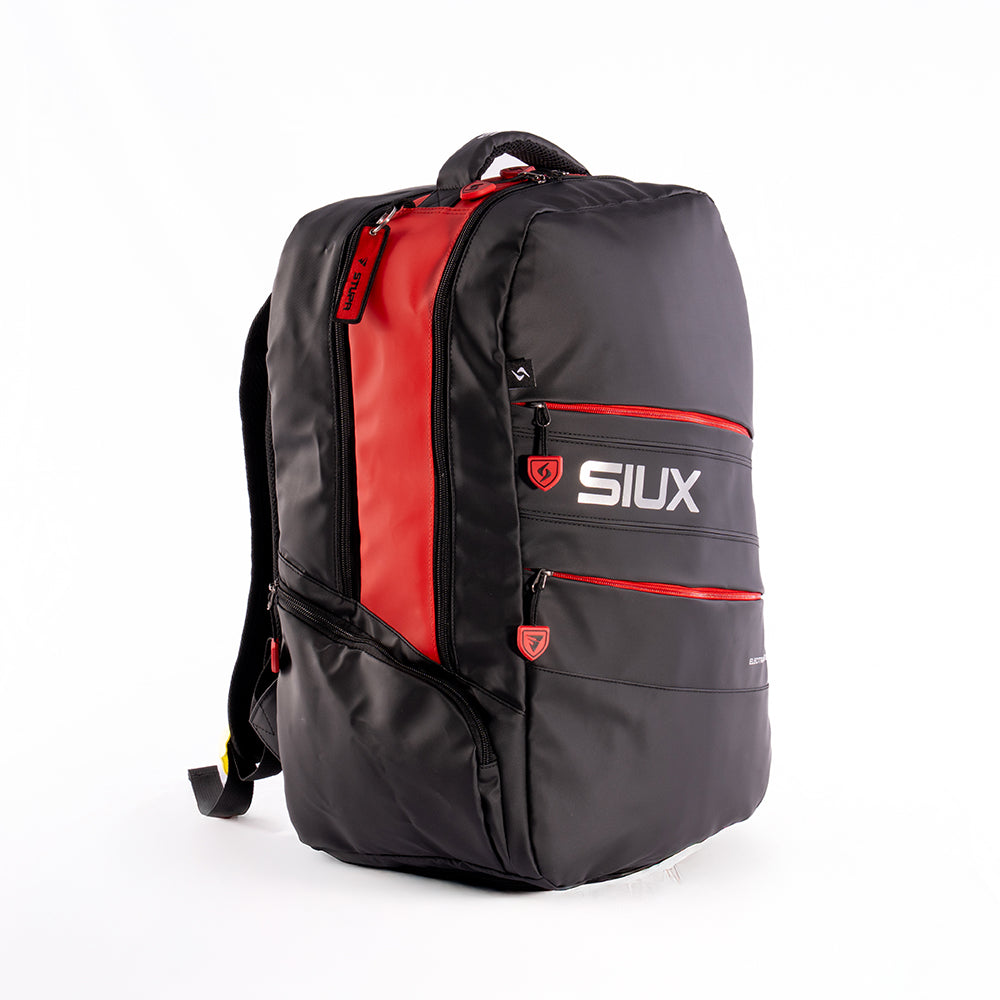Electra Stupa backpack by Siux USA, black with red panel and red zippers on front on Tampa Home & Garden Store