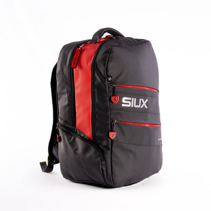 Electra Stupa backpack by Siux USA, black with red panel and red zippers on front on Tampa Home & Garden Store