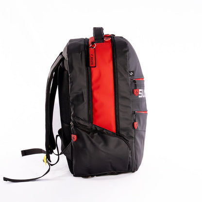 Electra Stupa backpack by Siux USA, black with red zip panel and side pockets on Tampa Home & Garden Store