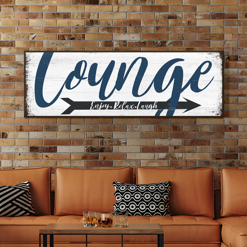 Enjoy Relax Laugh Lounge Sign canvas with distressed white panel, navy script and arrow on Tampa Home & Garden Store