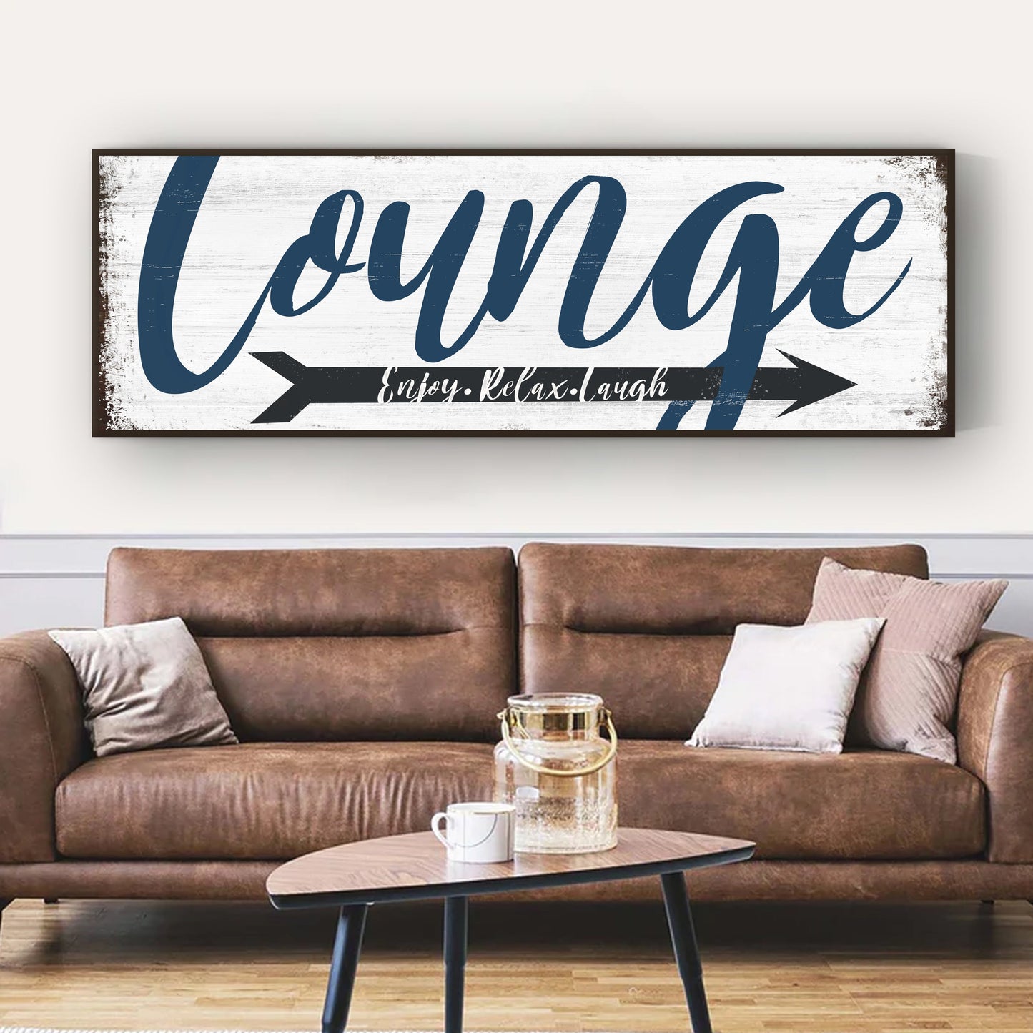 Enjoy Relax Laugh lounge sign canvas with distressed whitewash background navy script dark frame on Tampa Home & Garden Store