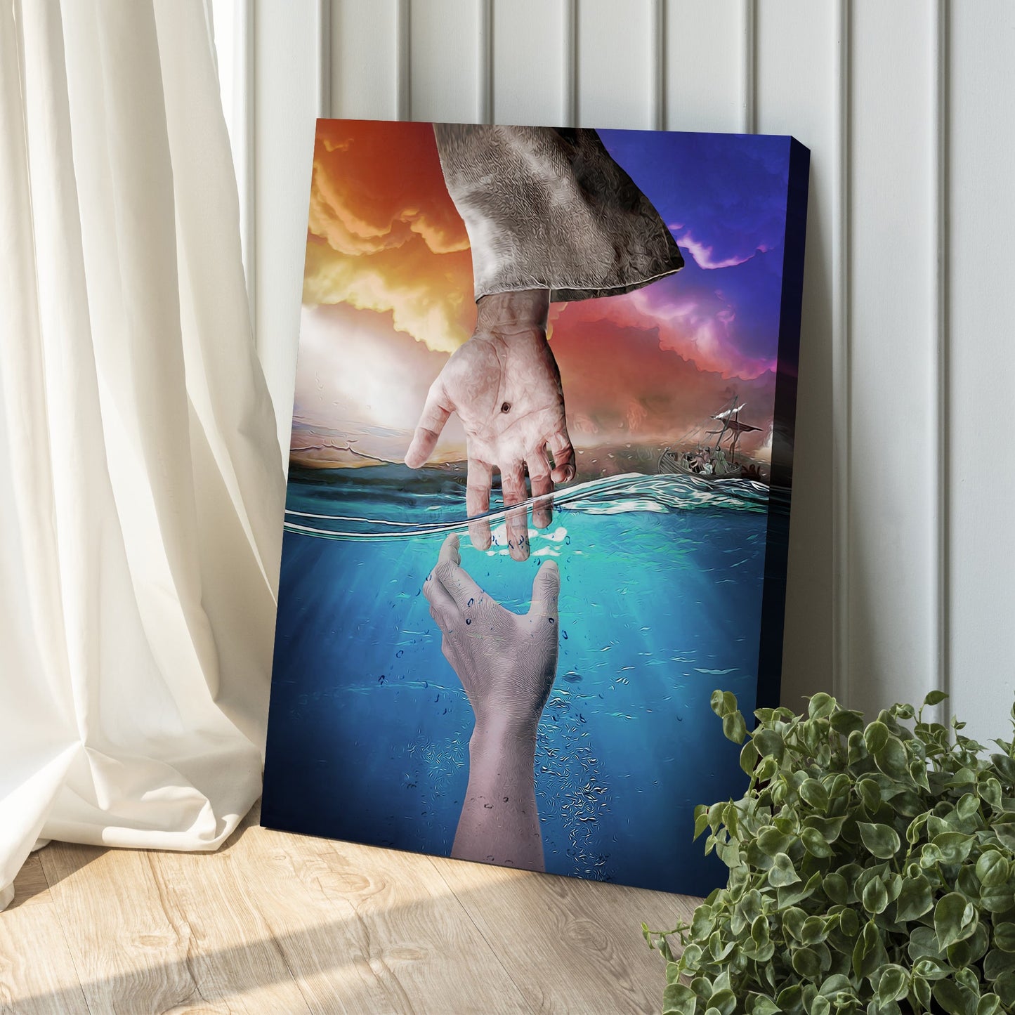 Tailored Canvases Hand Of God canvas wall art, tall vertical with giant hand over water on Tampa Home & Garden Store