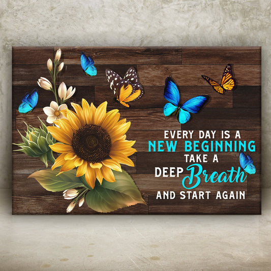 Everyday Is A New Beginning Sign canvas with sunflowers and butterflies on wood background on Tampa Home & Garden Store
