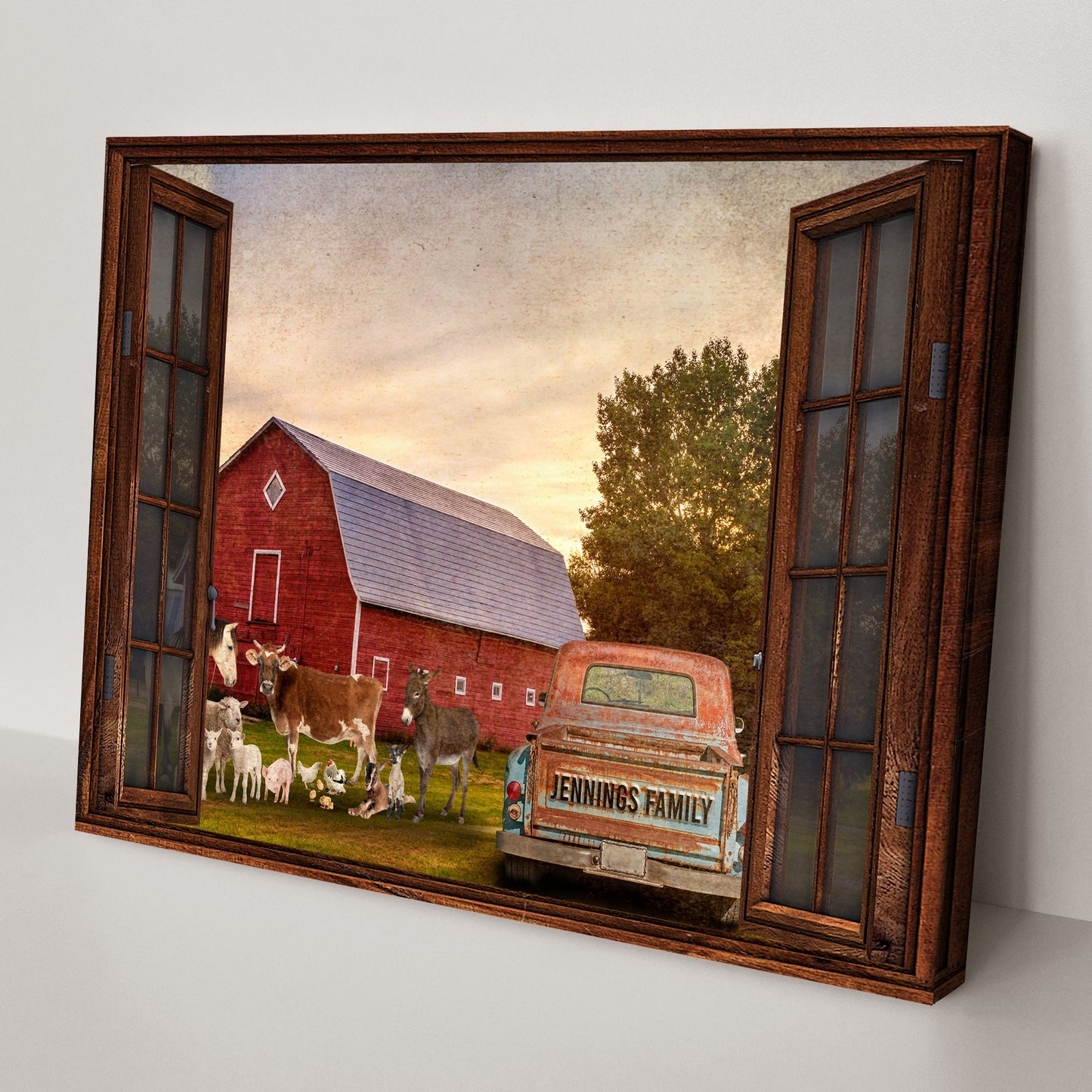 Family Farmhouse Sign canvas by Tailored Canvases in rustic wood frame with cows scene on Tampa Home & Garden Store