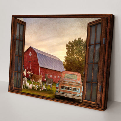 Family Farmhouse Sign canvas by Tailored Canvases in rustic wood frame with cows scene on Tampa Home & Garden Store