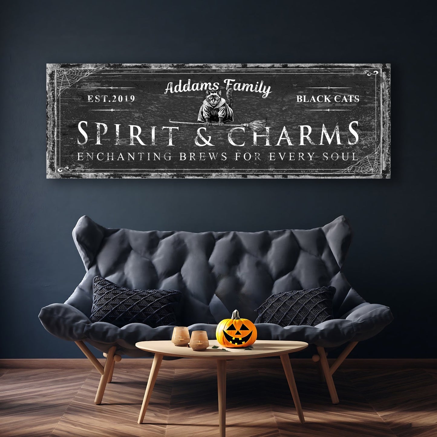 Black Cat’s Spirits & Charms Halloween canvas by Tailored Canvases with distressed finish on Tampa Home & Garden Store