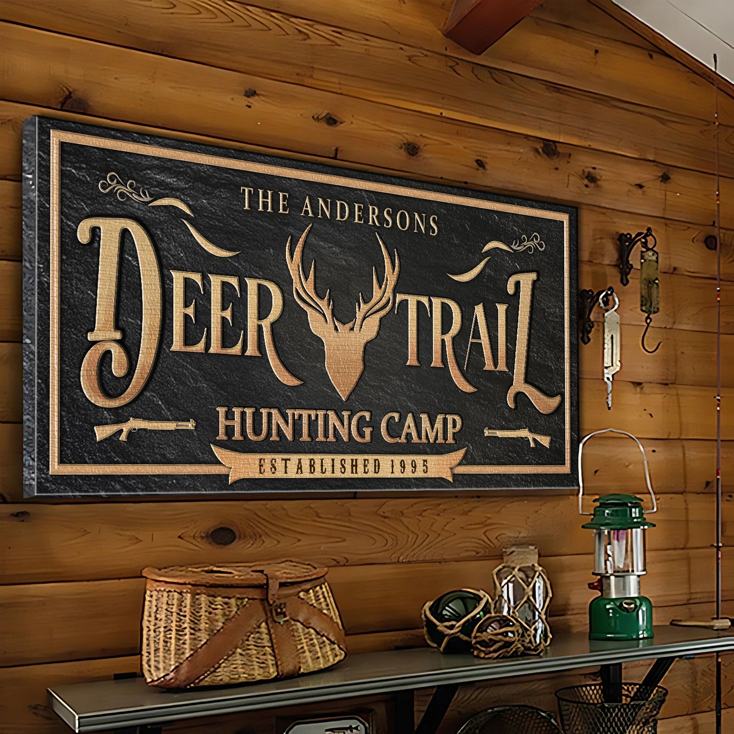 Personalized Deer Trail Hunting Camp canvas sign black background tan lettering on Tampa Home & Garden Store