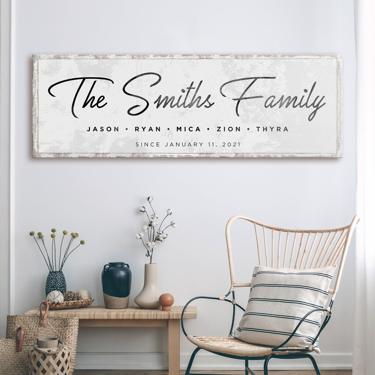 Last Name Family Sign canvas in black and white with a distressed frame Tailored Canvases on Tampa Home & Garden Store