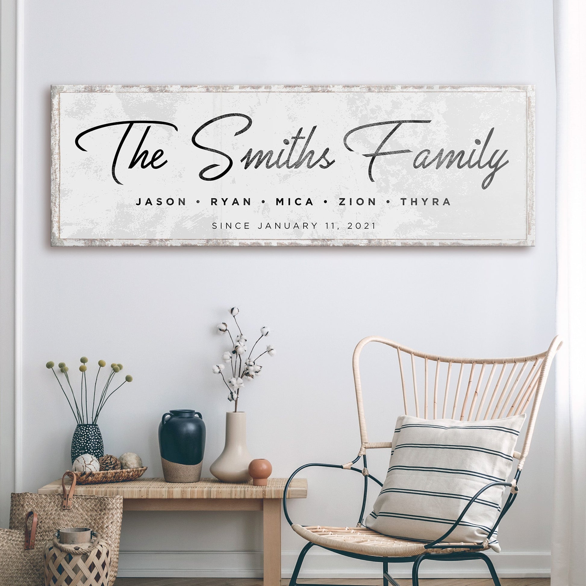 Last Name Family Sign canvas in black and white with a distressed frame Tailored Canvases on Tampa Home & Garden Store