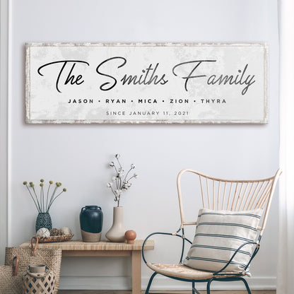 Last Name Family Sign canvas in black and white with a distressed frame Tailored Canvases on Tampa Home & Garden Store