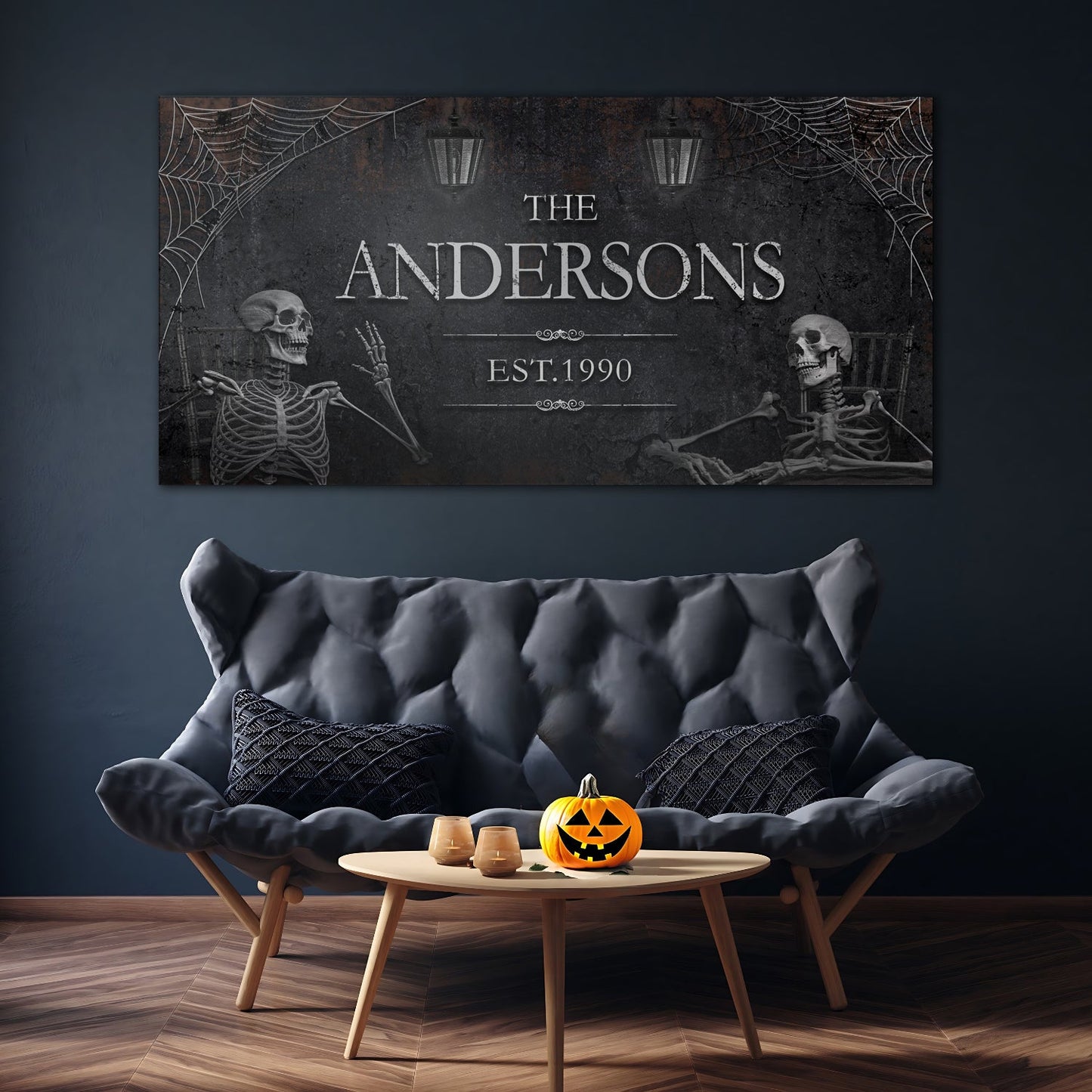 Personalized Gothic Sign VI canvas by Tailored Canvases featuring skeletons and spider webs on Tampa Home & Garden Store