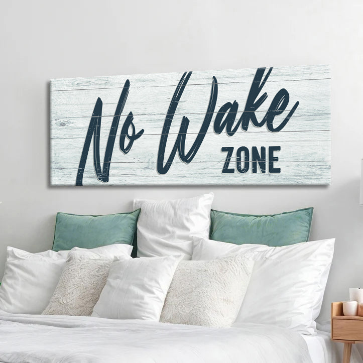 No Wake Zone Sign XVI canvas wall art with navy script on light whitewashed wood planks on Tampa Home & Garden Store