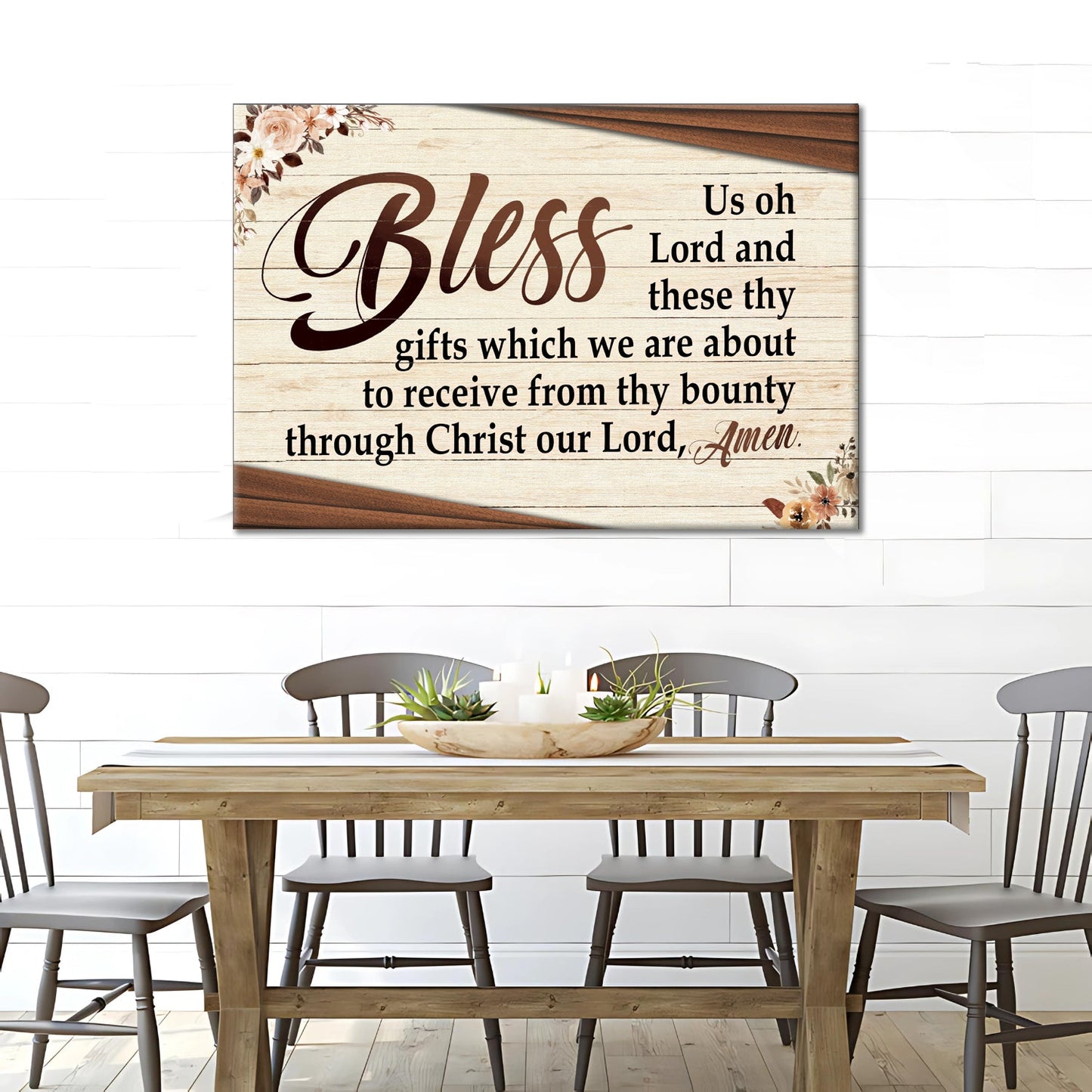 Bless Us Oh Lord Faith Sign III canvas wall art with rustic wood background and floral accents on Tampa Home & Garden Store