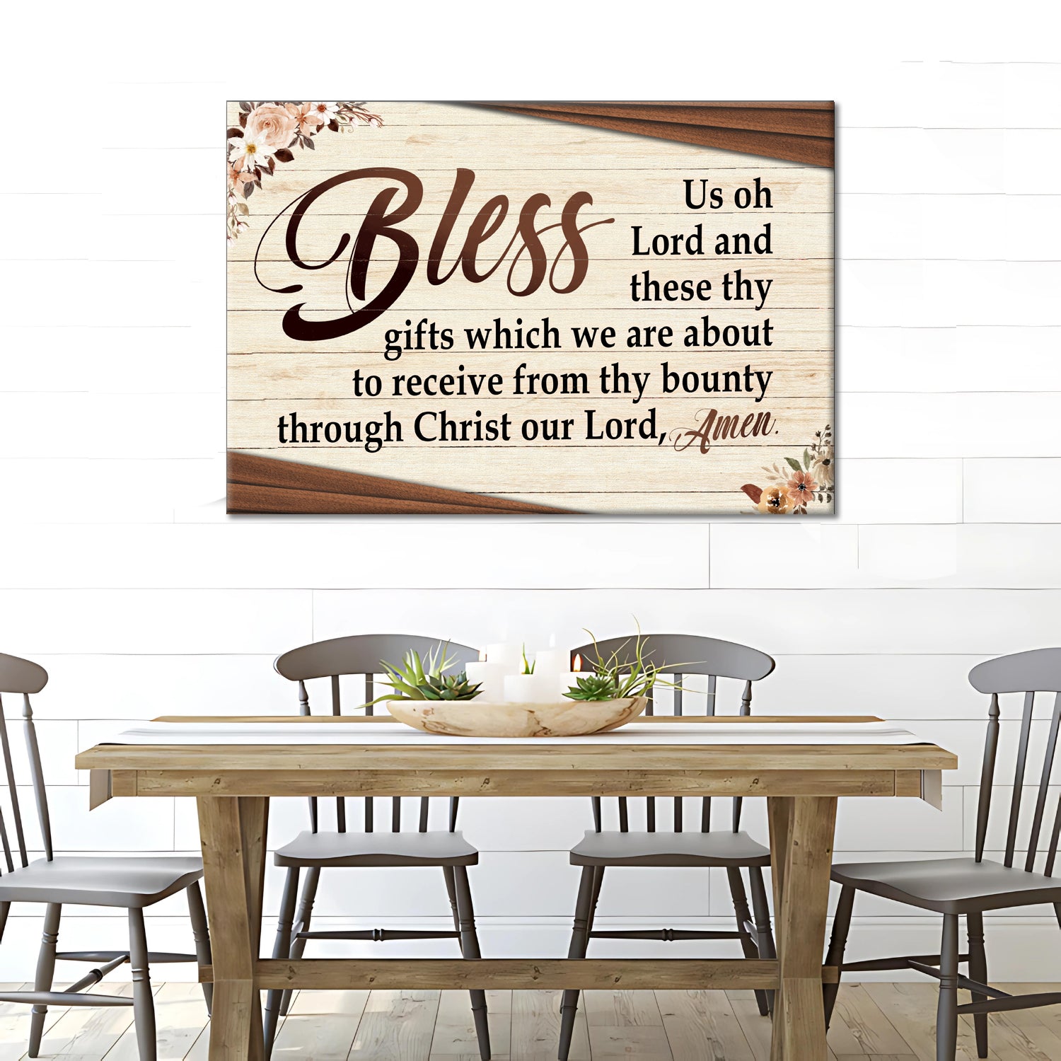 Bless Us Oh Lord Faith Sign III canvas wall art with rustic wood background and floral accents on Tampa Home & Garden Store