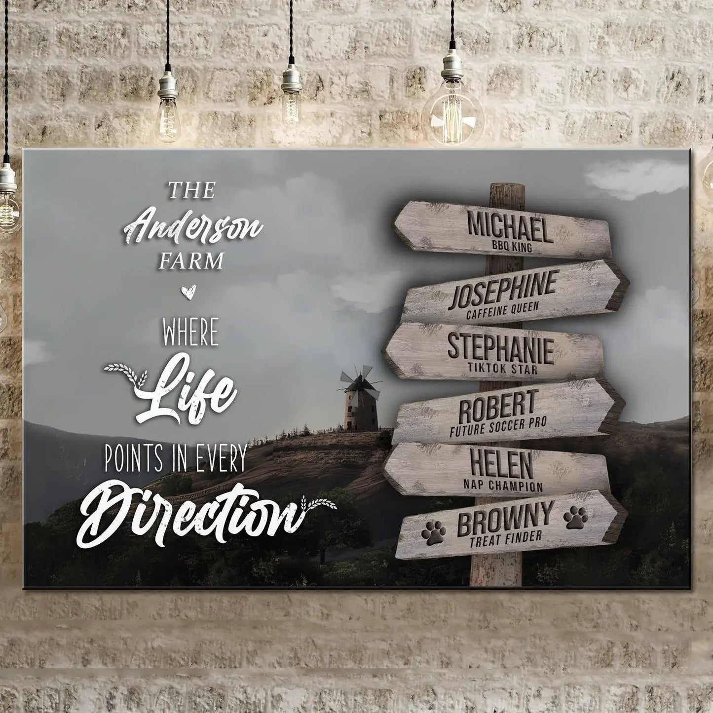 Canvas art The Anderson Farm family names sign II with rustic wood arrows on gray backdrop on Tampa Home & Garden Store
