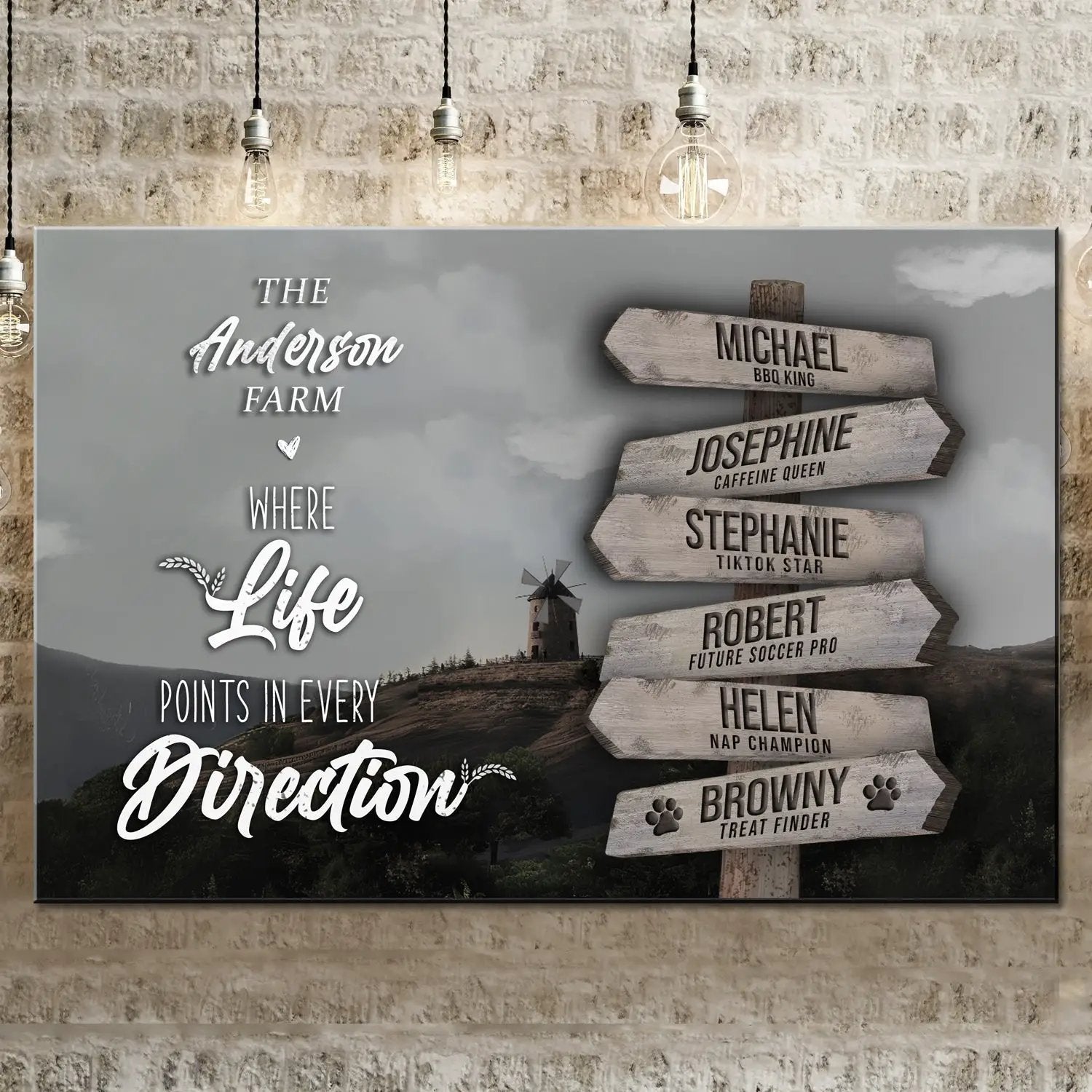 Canvas art The Anderson Farm family names sign II with rustic wood arrows on gray backdrop on Tampa Home & Garden Store