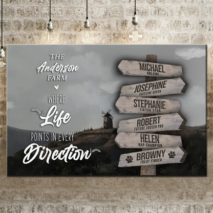 Canvas art The Anderson Farm family names sign II with rustic wood arrows on gray backdrop on Tampa Home & Garden Store