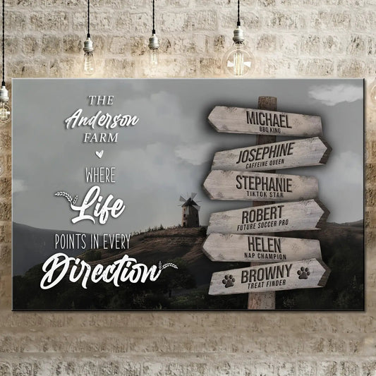 Canvas art The Anderson Farm family names sign II with rustic wood arrows on gray backdrop on Tampa Home & Garden Store