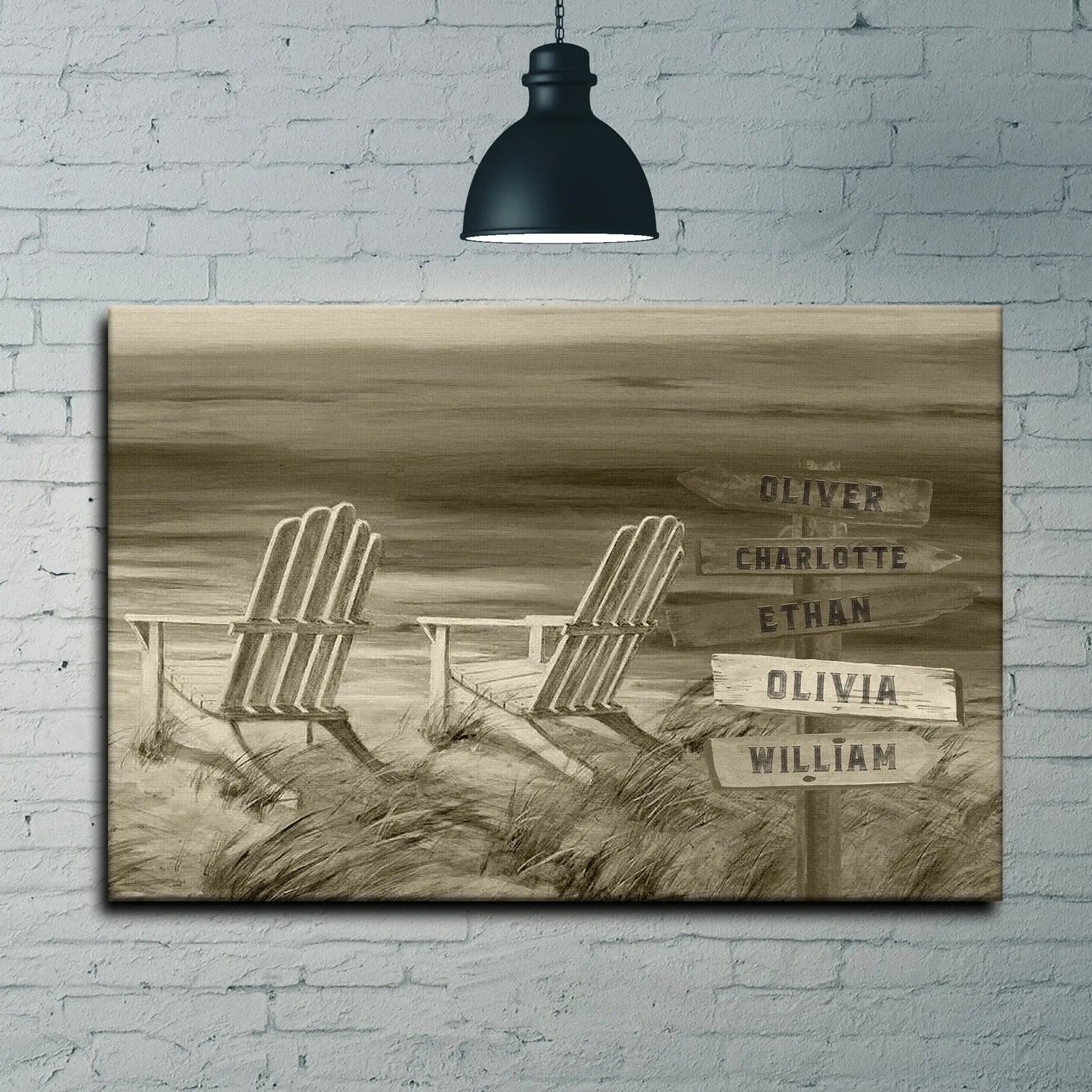 Monochrome beach name sign canvas with five name signs Oliver Charlotte Ethan Olivia William on Tampa Home & Garden Store