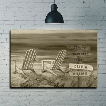 Monochrome beach name sign canvas with five name signs Oliver Charlotte Ethan Olivia William on Tampa Home & Garden Store