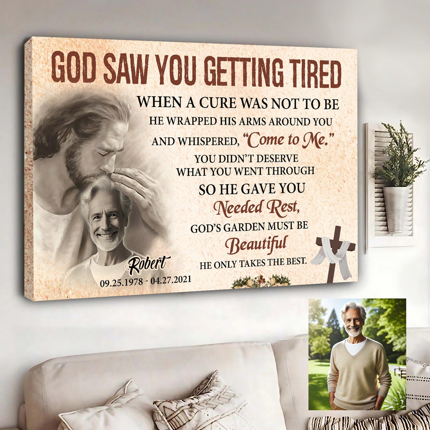 Personalized God Saw You Getting Tired Memorial Sign III canvas with portrait and scripture text on Tampa Home & Garden Store